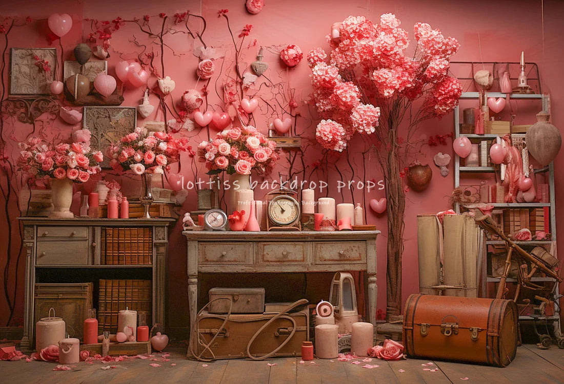 Valentine's Day Pink Cupboards Backdrops Kids Girl Photography Props Child Baby Photocall Decors Red Heart Balloons Backgrounds