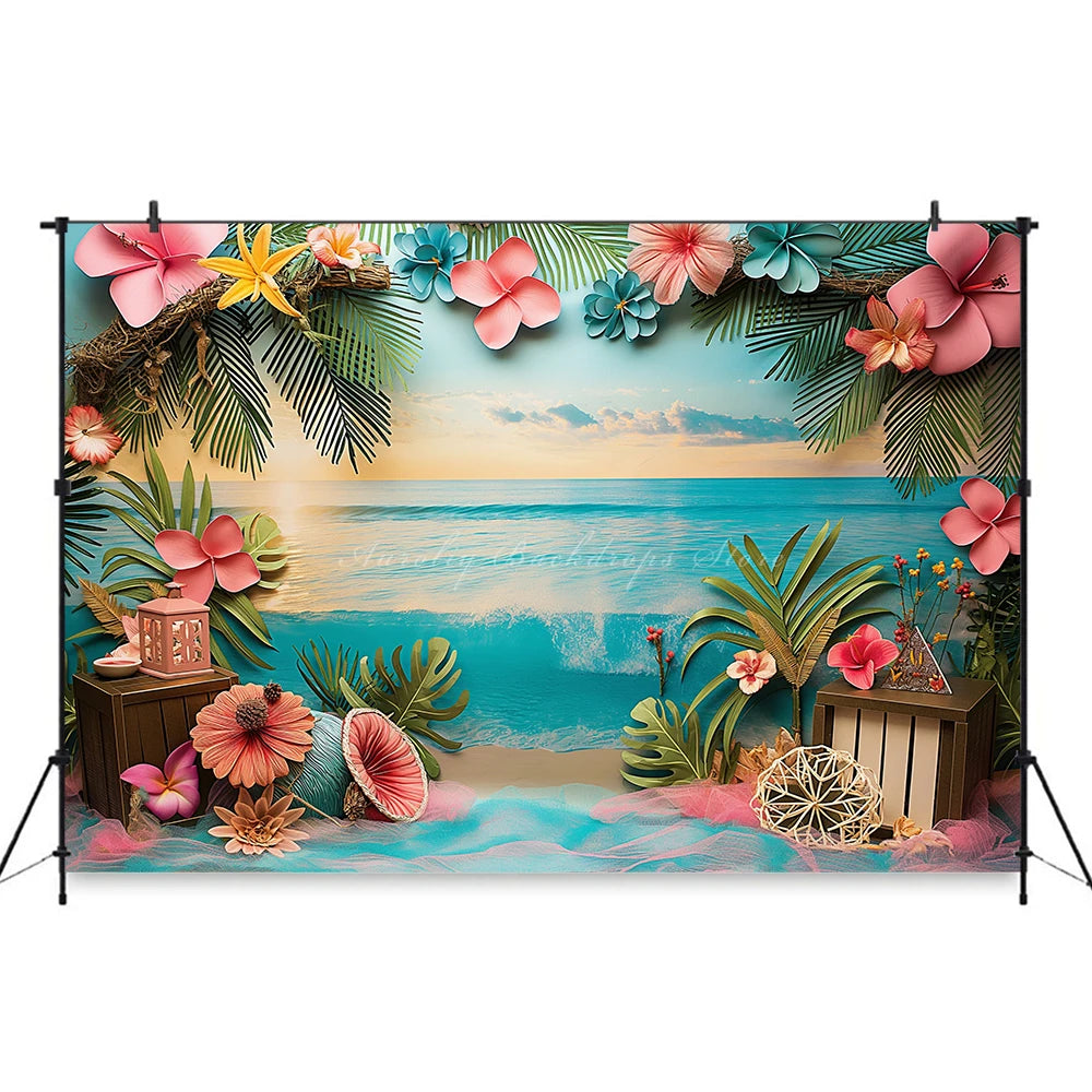 Hawaii Theme Photography Backdrop Room Set Up With Balloons and Plam Trees Kids Baby Cake Smash Photocall Studio Backgrounds