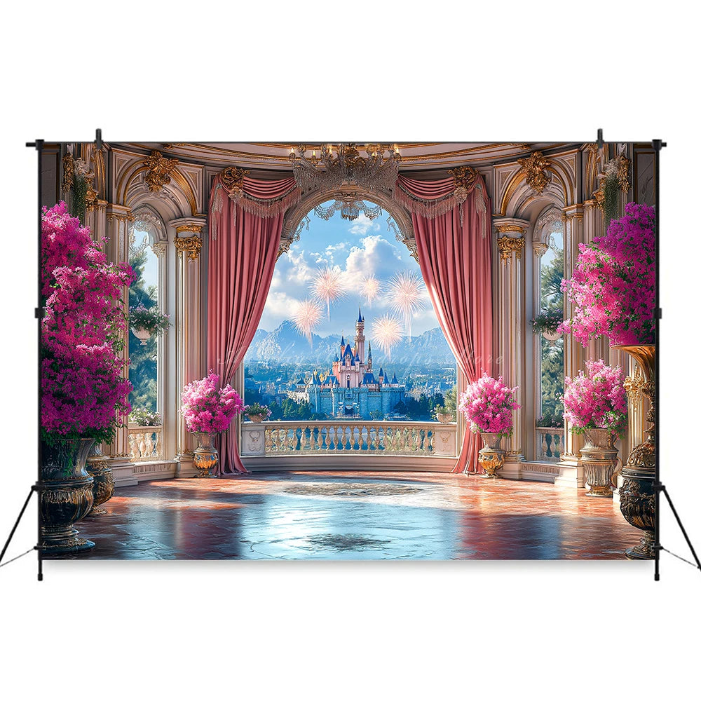 Pink Curtains with the Scene Backdrop Cartoon Princess Castle Child Girls Birthday Photo Shoot Backgrounds Kids Baby Cake Smash