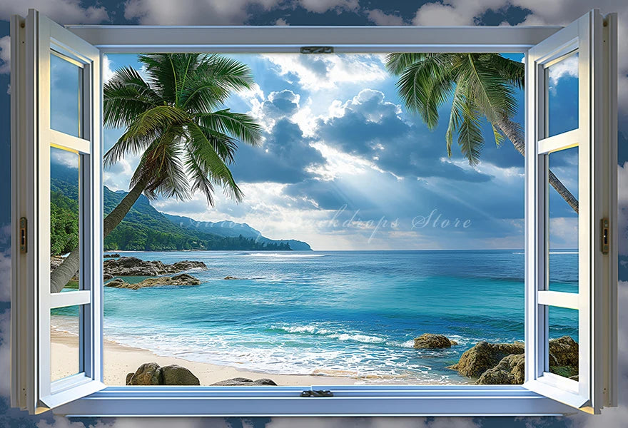 Summer Seaside Plam Trees Backdrop Kids Baby Cake Smash Photography Props Beach Outside Window Child Adult Photo Backgrounds