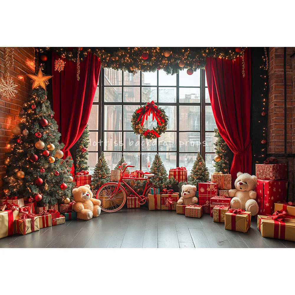Christmas Streets Bicycle Cottage Backdrops Kids Adult Photography Props Child Photocall Winter Window Snowflake Backgrounds