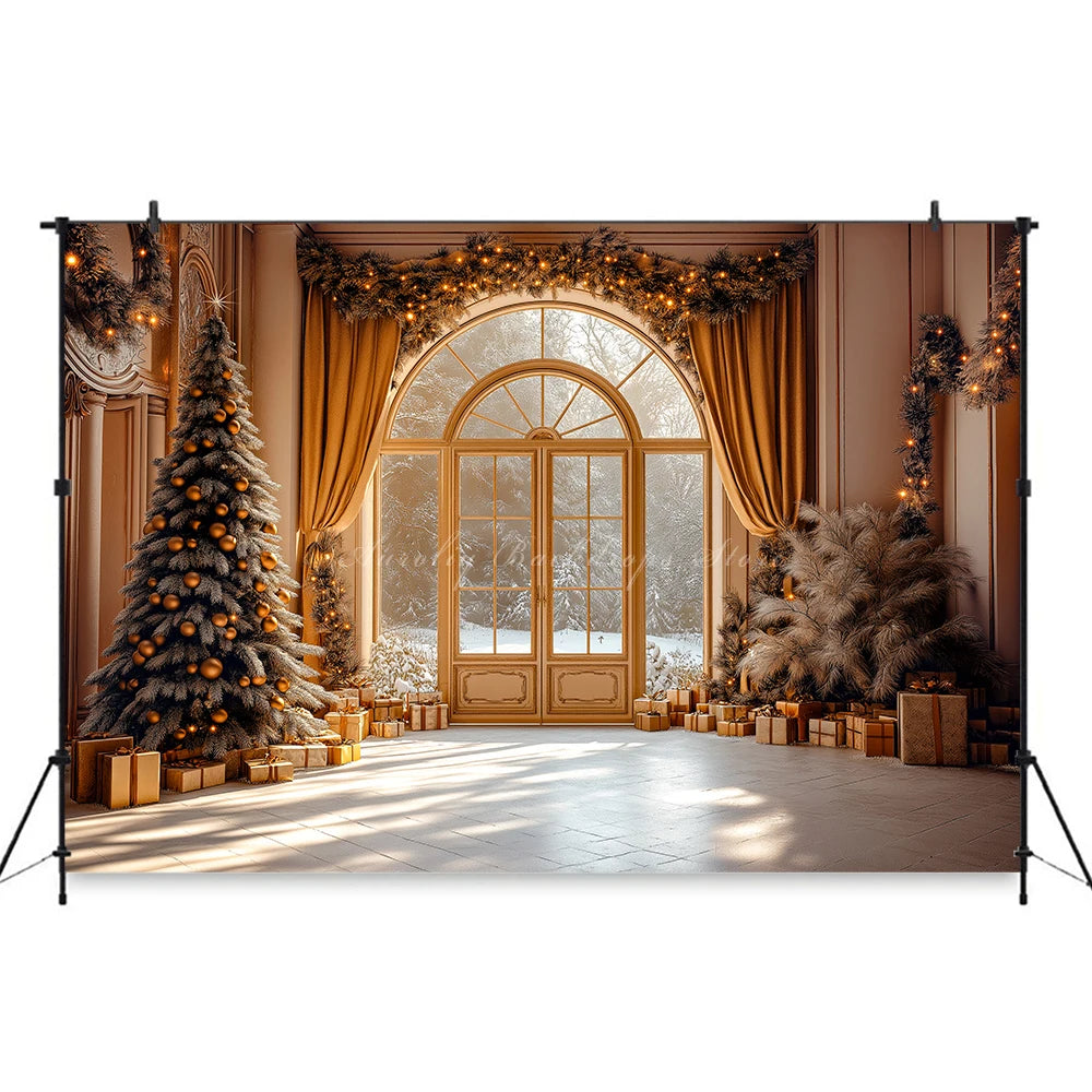Large Window With Arched Frames and Red Curtain Photography Backdrop Baby Kids Portrait Family Party Photocall Decors