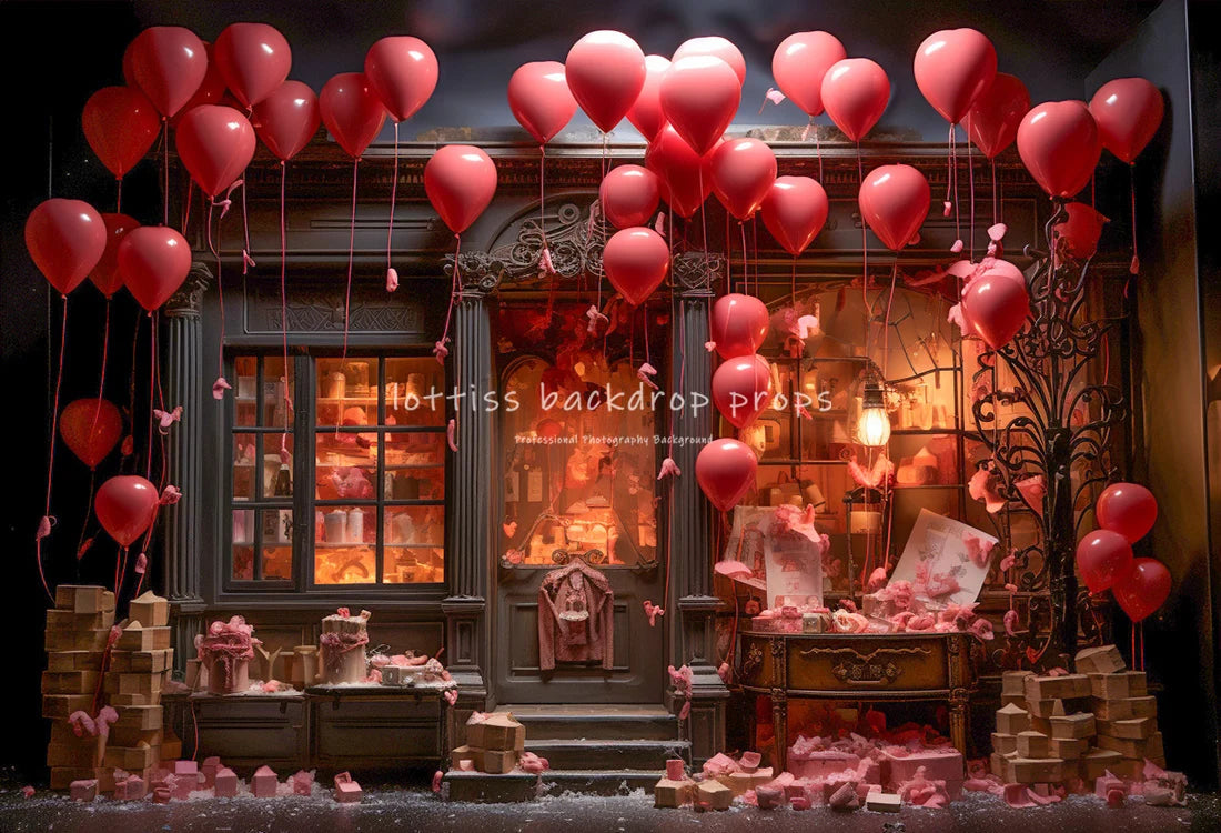 Valentine's Day Store Front Backdrops Kids Girl Photography Props Child Adult Photocall Rose Red Striped Balloon Backgrounds