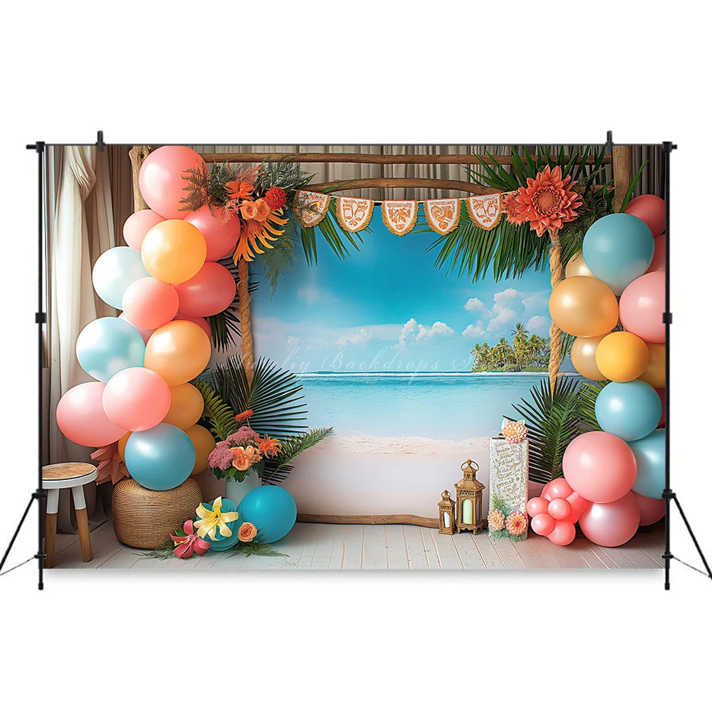 Hawaii Theme Photography Backdrop Room Set Up With Balloons and Plam Trees Kids Baby Cake Smash Photocall Studio Backgrounds