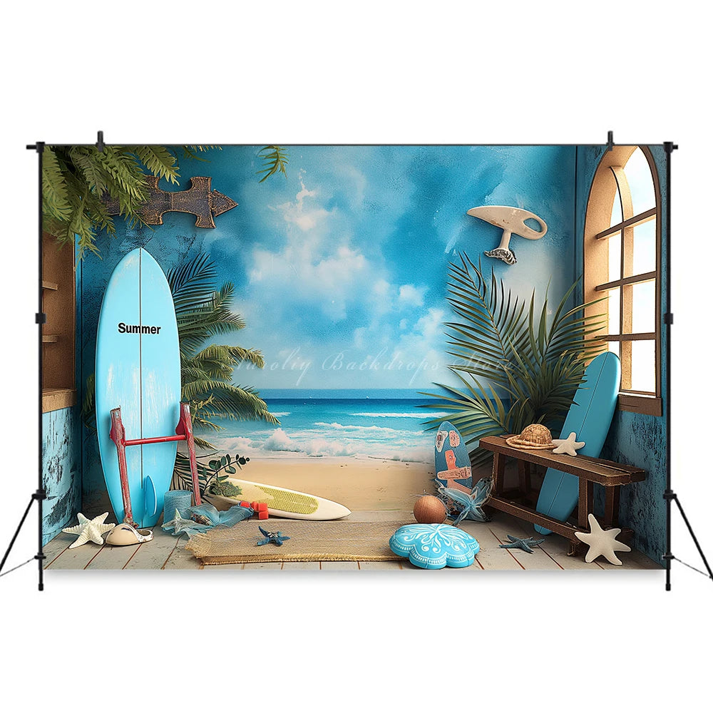 Summer Beach Surfboard Photography Backdrop Kids Baby Cake Smash Photocall Decors Seaside Blue Sky Child Adult Photo Backgrounds