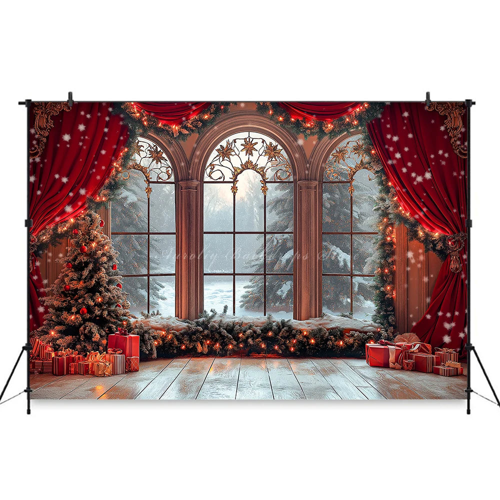 Large Window With Arched Frames and Red Curtain Photography Backdrop Baby Kids Portrait Family Party Photocall Decors