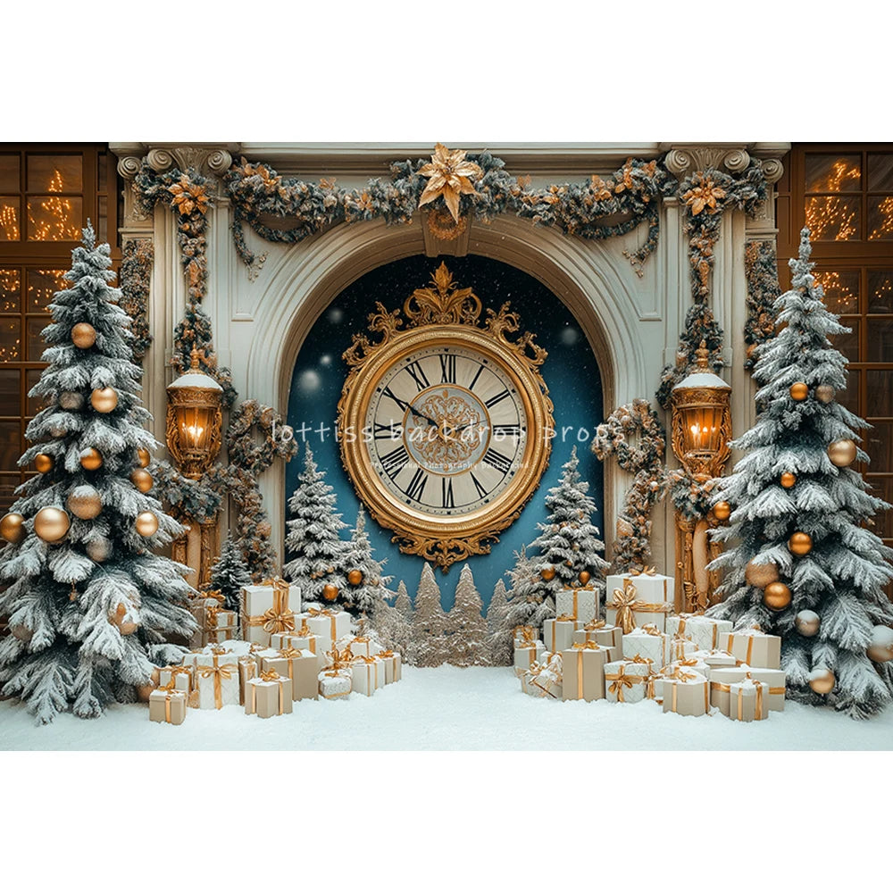 New Year Bell Big Clock Backdrops Kids Adult Photography Child Baby Photocall Winter Snowy Castle Christmas Trees Backgrounds