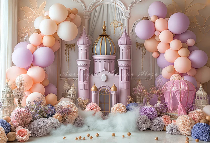 Cute Castle Balloons and Floral Backdrop Kids Baby Cake Smash Photography Props Child Girls Adult Birthday Studio Backgrounds