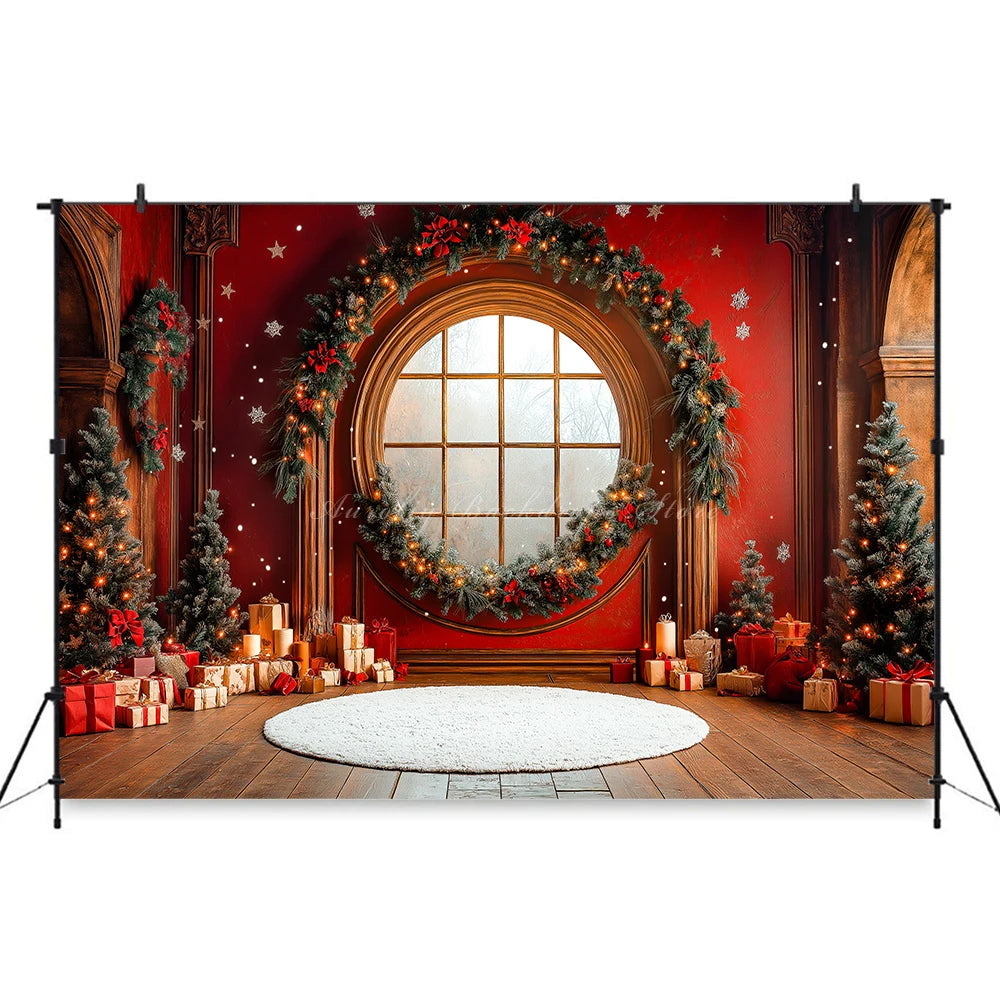 Large Window With Arched Frames and Red Curtain Photography Backdrop Baby Kids Portrait Family Party Photocall Decors