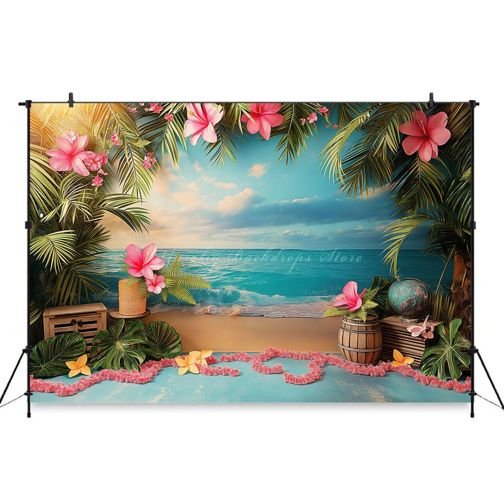 Hawaii Theme Photography Backdrop Room Set Up With Balloons and Plam Trees Kids Baby Cake Smash Photocall Studio Backgrounds