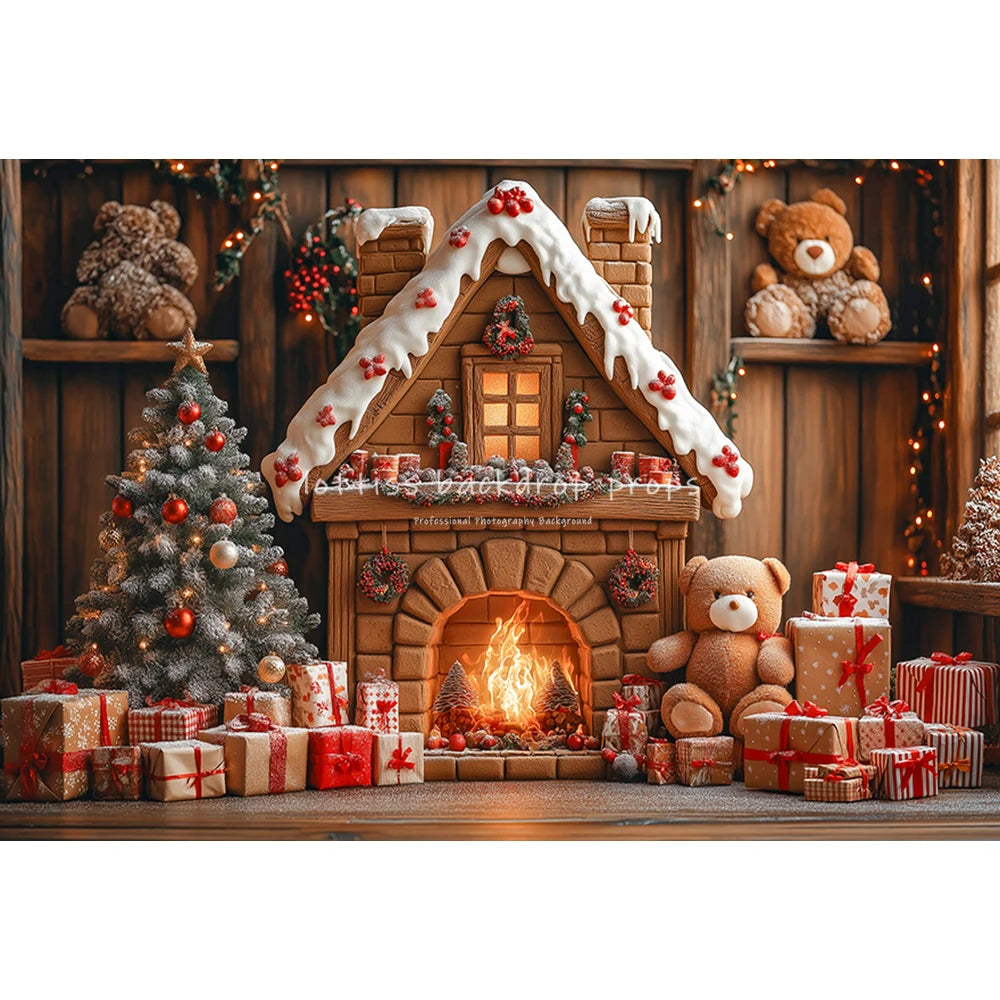 Winter Snowy Cottage Gingerbread House Backdrops Kids Baby Photography Fireplace Snowy Town Backgrounds