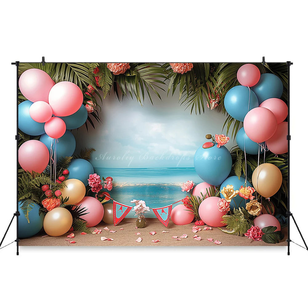 Hawaii Theme Photography Backdrop Room Set Up With Balloons and Plam Trees Kids Baby Cake Smash Photocall Studio Backgrounds
