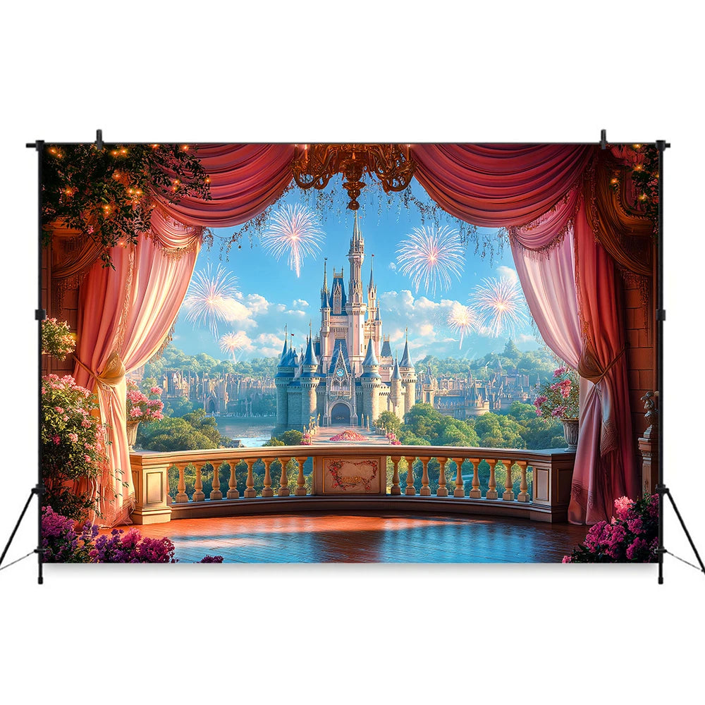Pink Curtains with the Scene Backdrop Cartoon Princess Castle Child Girls Birthday Photo Shoot Backgrounds Kids Baby Cake Smash