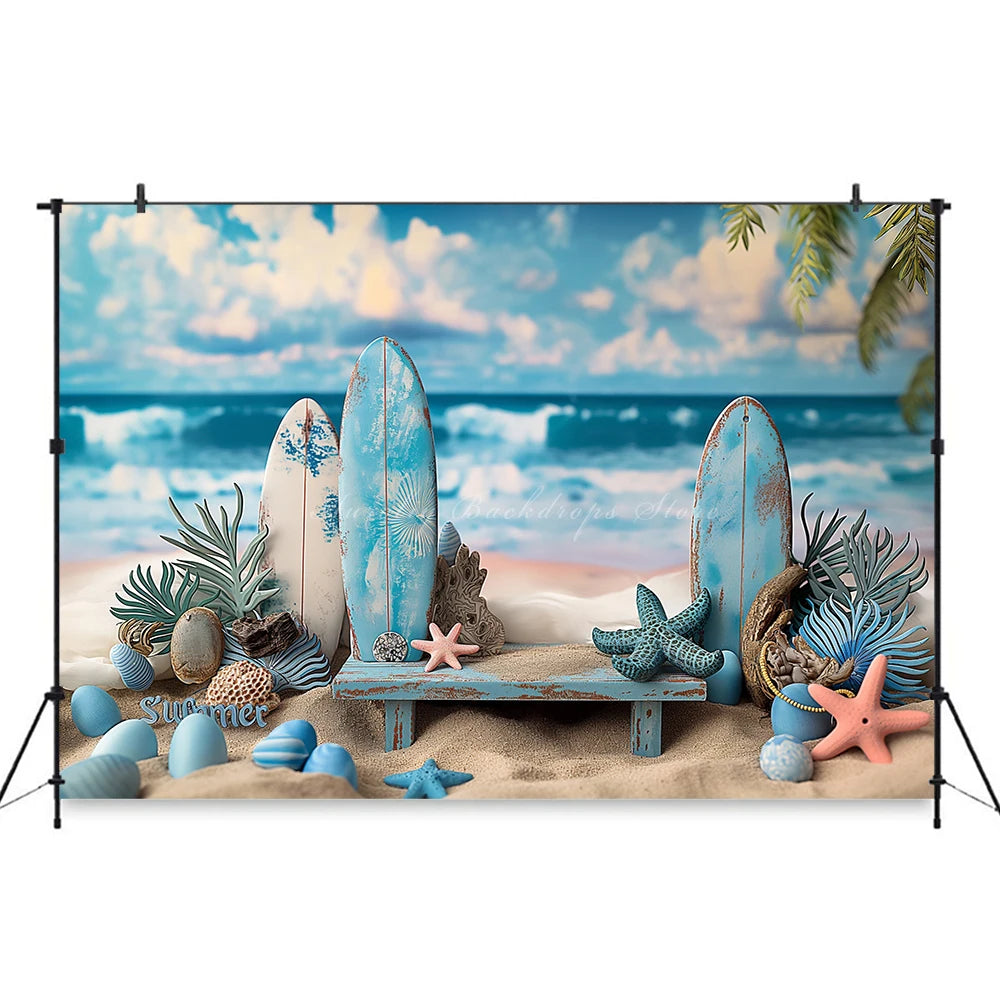 Summer Beach Surfboard Photography Backdrop Kids Baby Cake Smash Photocall Decors Seaside Blue Sky Child Adult Photo Backgrounds