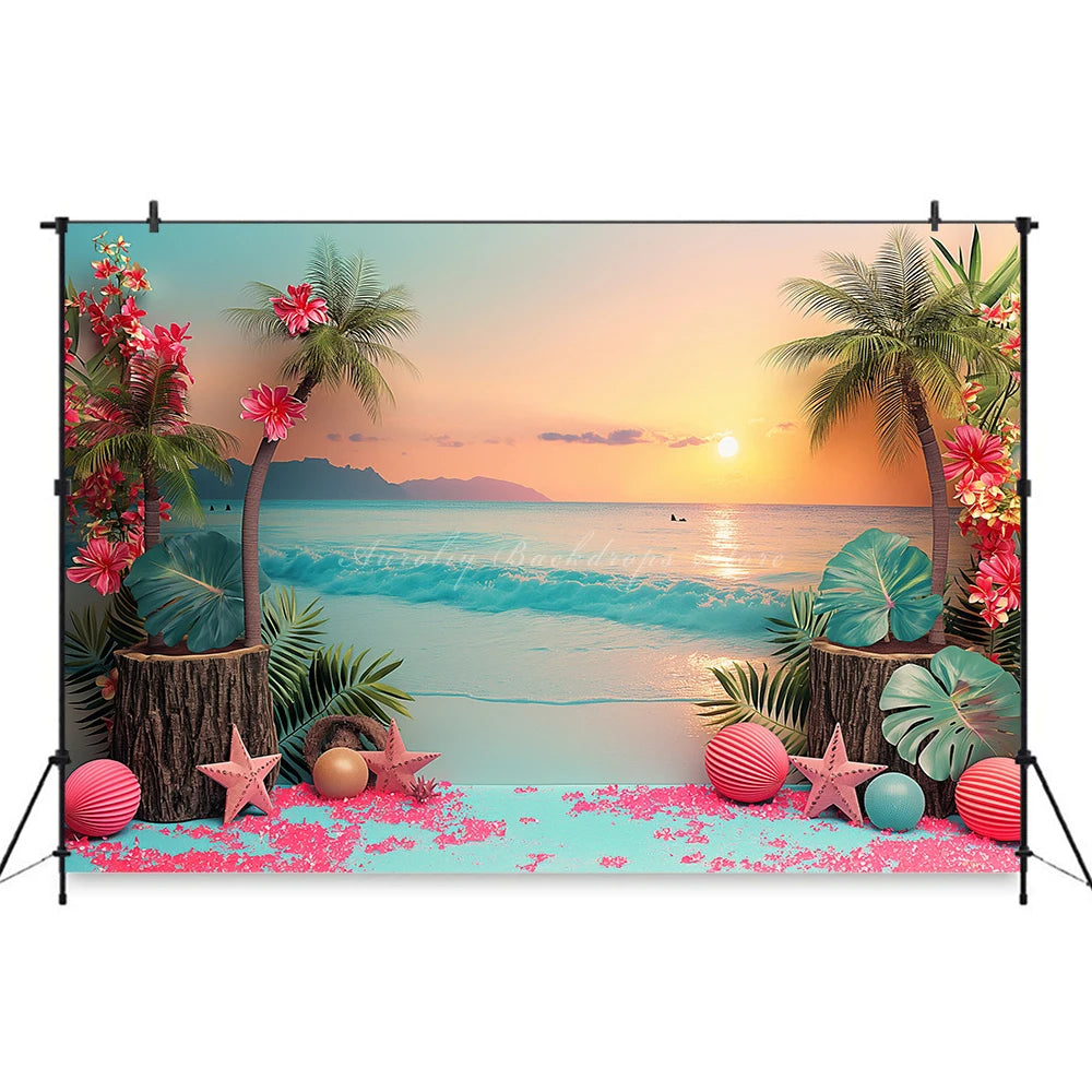 Hawaii Theme Photography Backdrop Room Set Up With Balloons and Plam Trees Kids Baby Cake Smash Photocall Studio Backgrounds