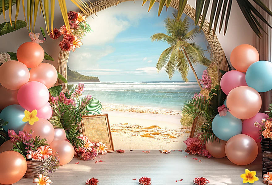 Hawaii Theme Photography Backdrop Room Set Up With Balloons and Plam Trees Kids Baby Cake Smash Photocall Studio Backgrounds