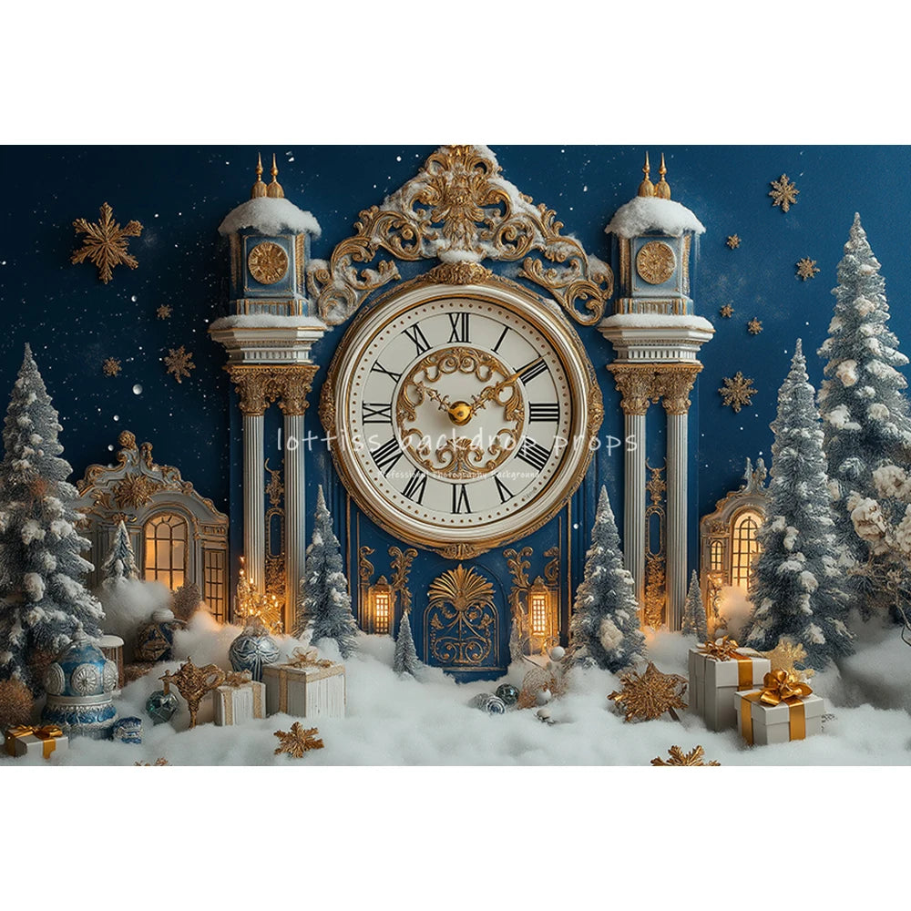 New Year Bell Big Clock Backdrops Kids Adult Photography Child Baby Photocall Winter Snowy Castle Christmas Trees Backgrounds