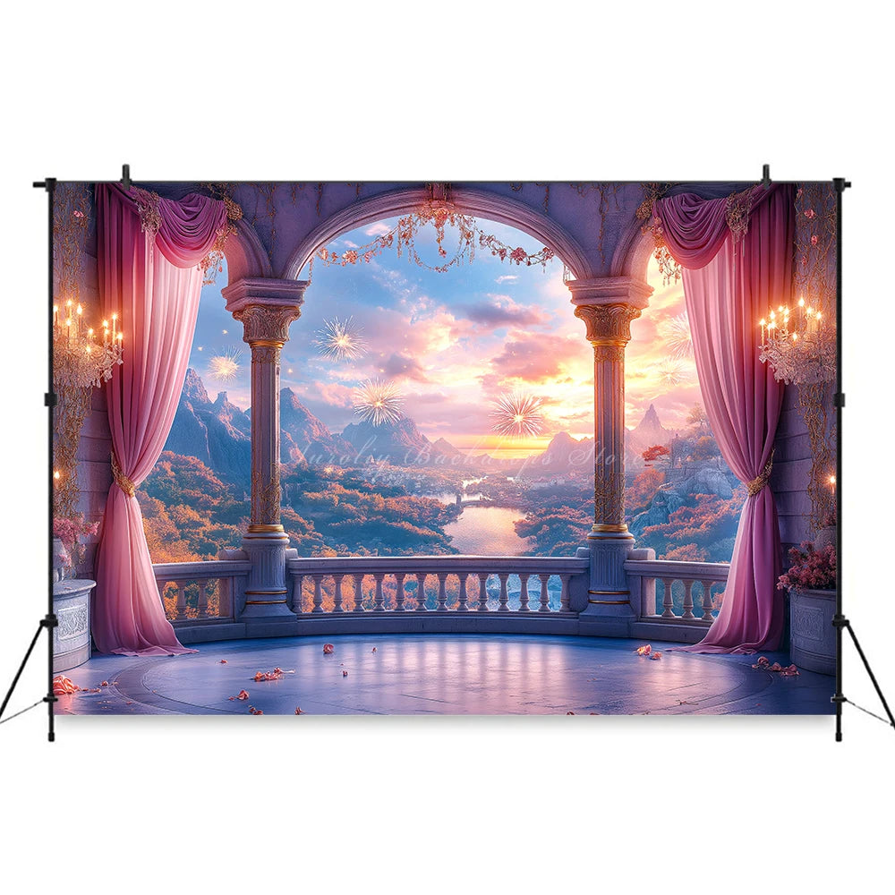 Pink Curtains with the Scene Backdrop Cartoon Princess Castle Child Girls Birthday Photo Shoot Backgrounds Kids Baby Cake Smash
