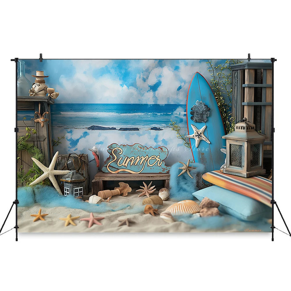 Summer Beach Surfboard Photography Backdrop Kids Baby Cake Smash Photocall Decors Seaside Blue Sky Child Adult Photo Backgrounds
