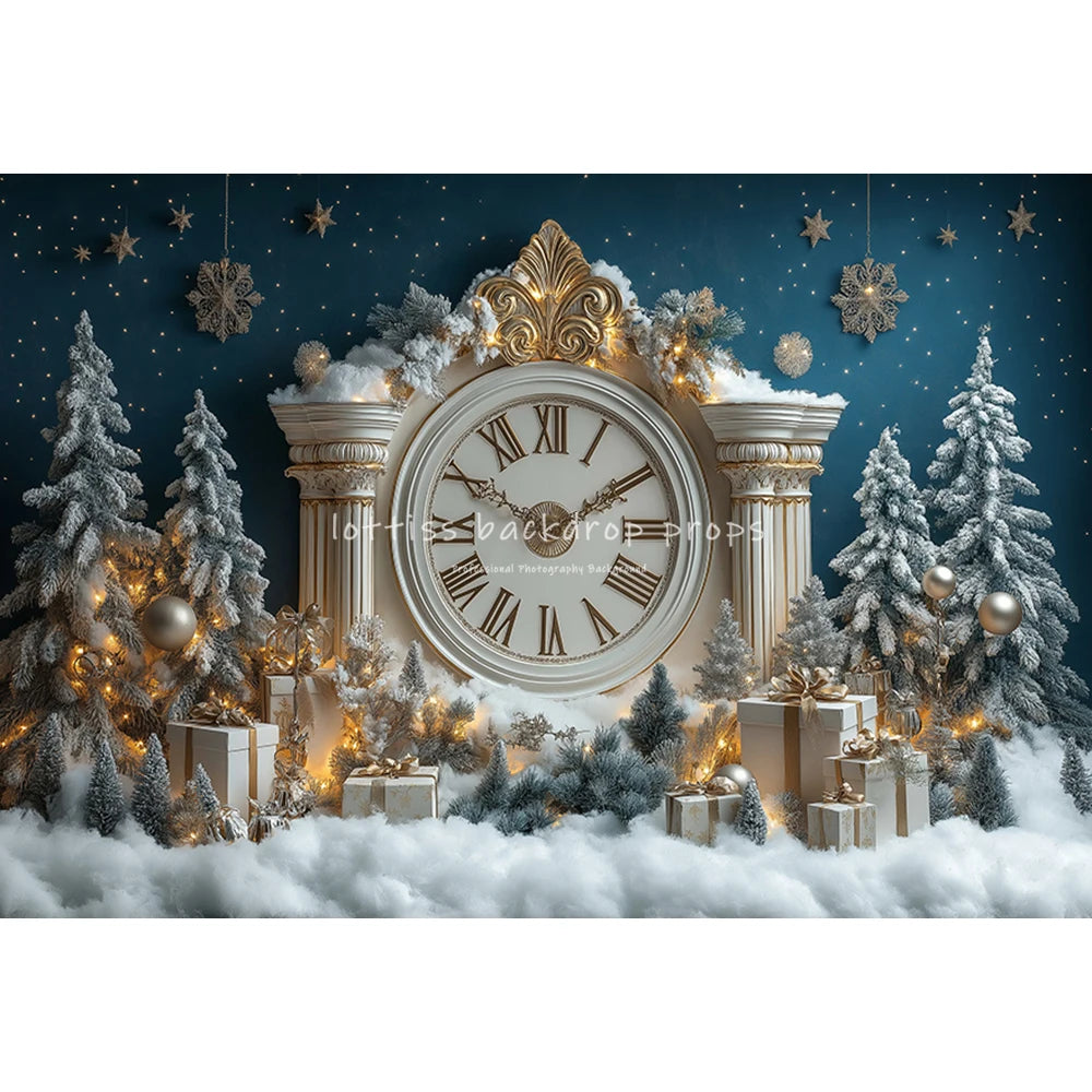 New Year Bell Big Clock Backdrops Kids Adult Photography Child Baby Photocall Winter Snowy Castle Christmas Trees Backgrounds