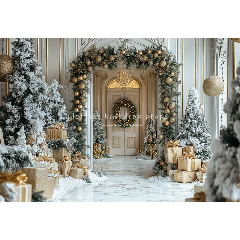 Winter Windows Arch Entrance Backdrops Kids Family Photography Child Adult Photocall Golden Xmas Trees Castle Backgrounds
