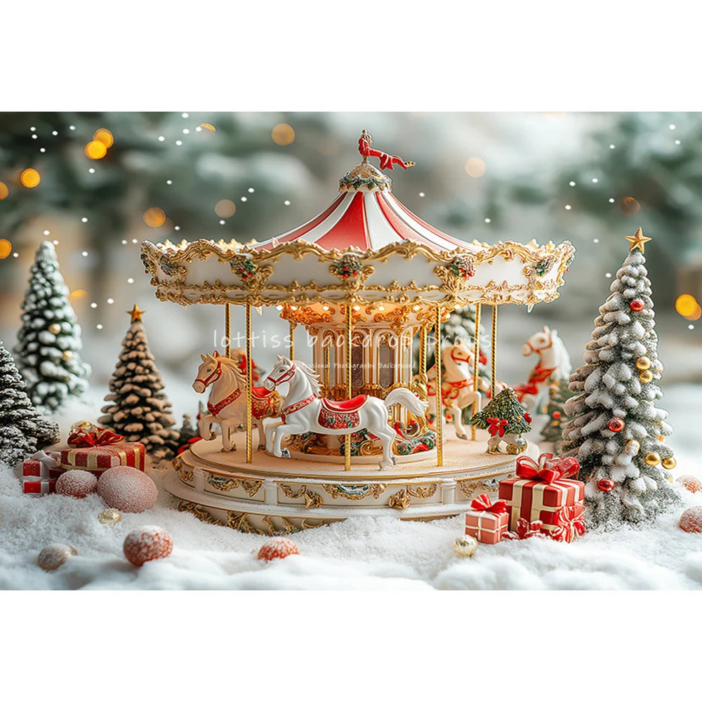 Winter Carousel Snowy Forrest Ferris Wheel Backdrops Kids Baby Photocall Christmas Trees Trains Backgrounds