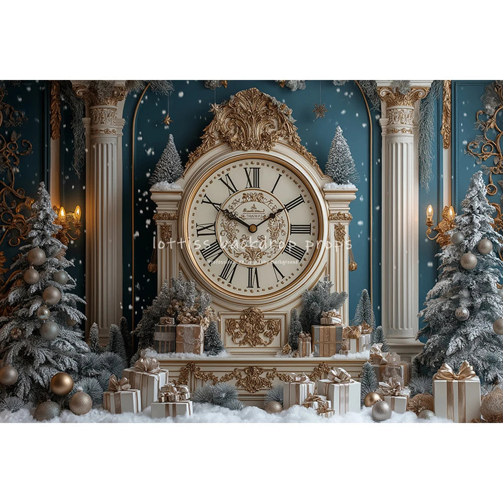New Year Bell Big Clock Backdrops Kids Adult Photography Child Baby Photocall Winter Snowy Castle Christmas Trees Backgrounds