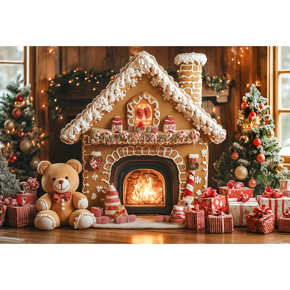 Winter Snowy Cottage Gingerbread House Backdrops Kids Baby Photography Fireplace Snowy Town Backgrounds