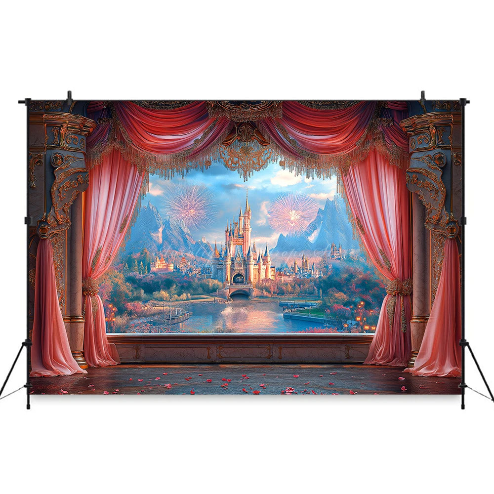 Pink Curtains with the Scene Backdrop Cartoon Princess Castle Child Girls Birthday Photo Shoot Backgrounds Kids Baby Cake Smash
