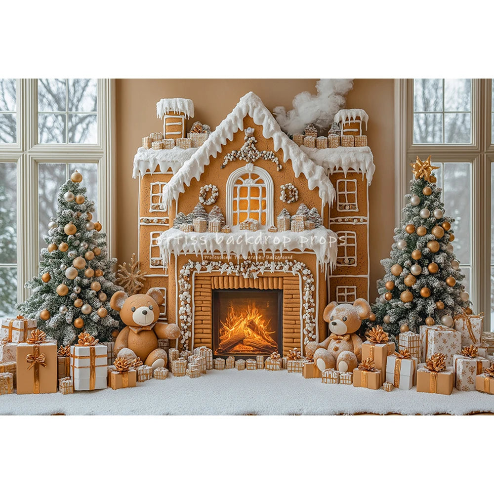 Winter Snowy Cottage Gingerbread House Backdrops Kids Baby Photography Fireplace Snowy Town Backgrounds