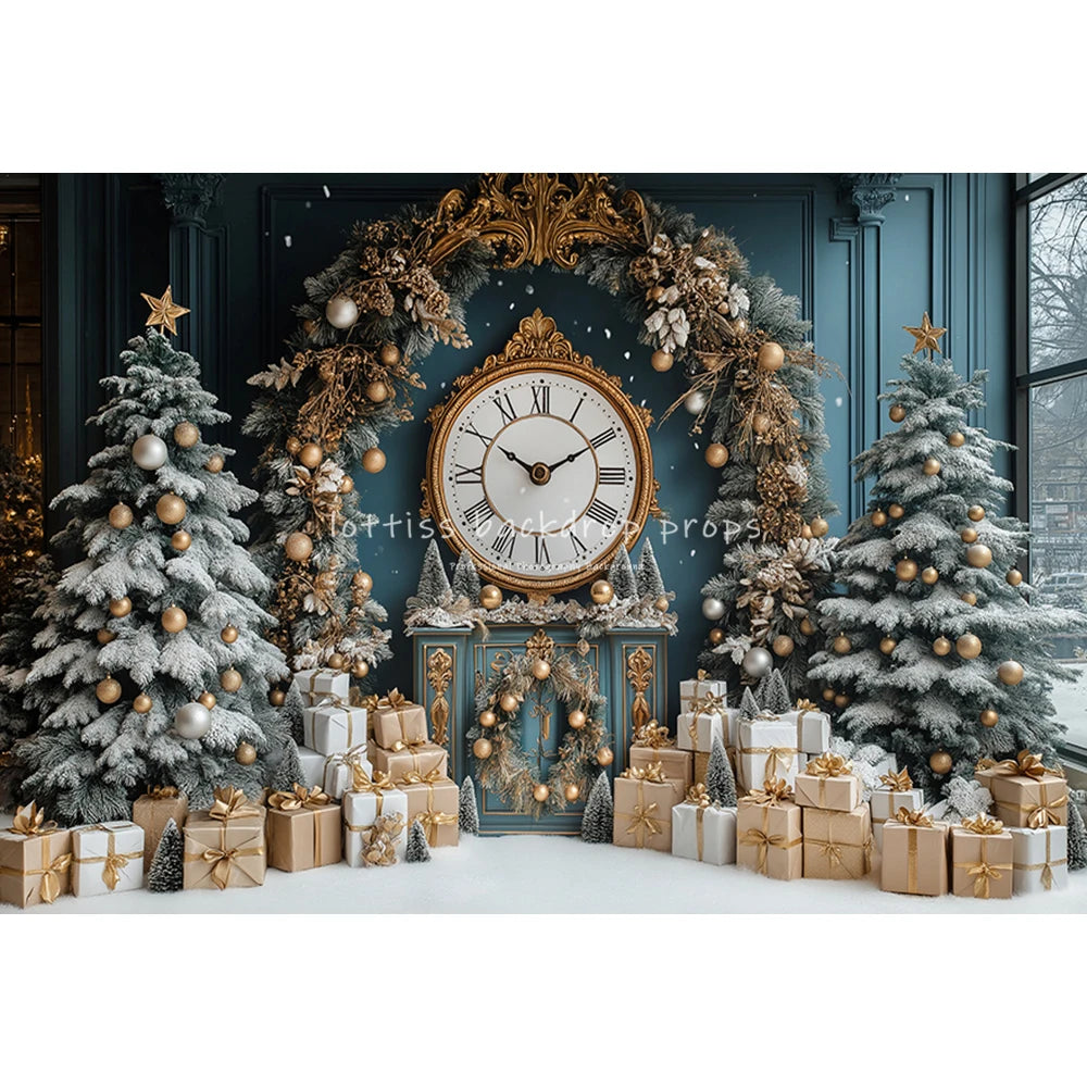 New Year Bell Big Clock Backdrops Kids Adult Photography Child Baby Photocall Winter Snowy Castle Christmas Trees Backgrounds