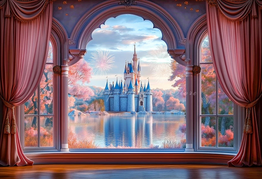 Pink Curtains with the Scene Backdrop Cartoon Princess Castle Child Girls Birthday Photo Shoot Backgrounds Kids Baby Cake Smash