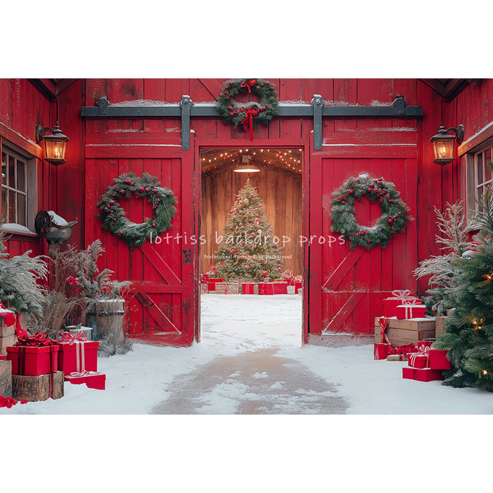 Red Wooden Barn Door Backdrops Kids Family Photography Child Baby Photocall Farm Xmas Trees Snowflake Wreath Cottage Backgrounds