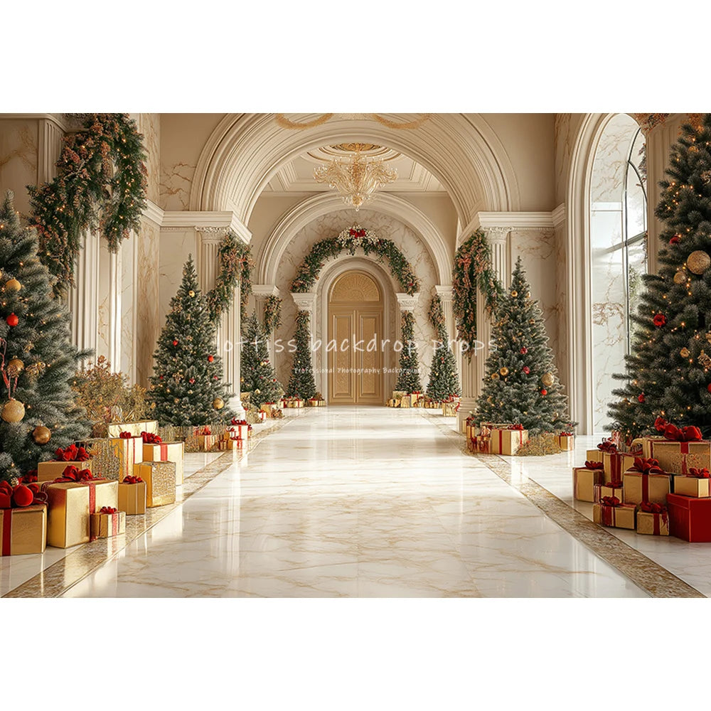 Winter Windows Arch Entrance Backdrops Kids Family Photography Child Adult Photocall Golden Xmas Trees Castle Backgrounds