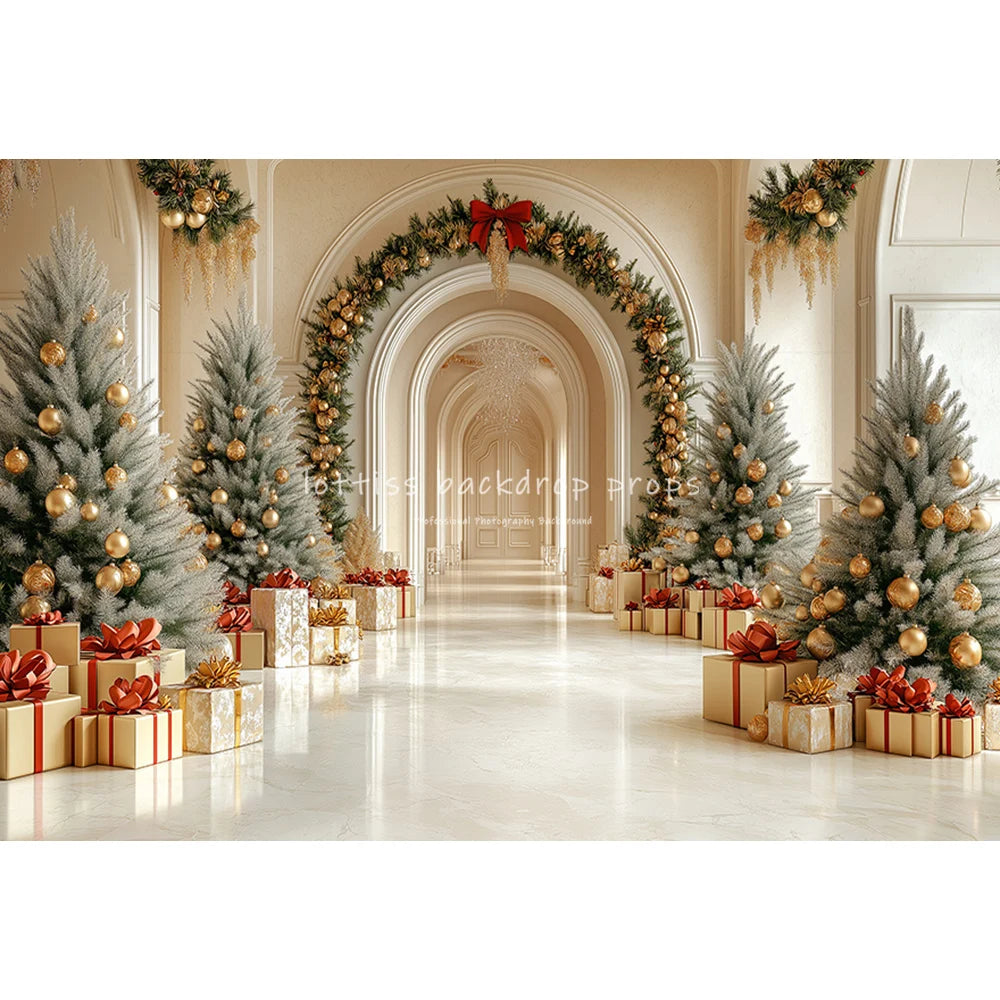 Winter Windows Arch Entrance Backdrops Kids Family Photography Child Adult Photocall Golden Xmas Trees Castle Backgrounds