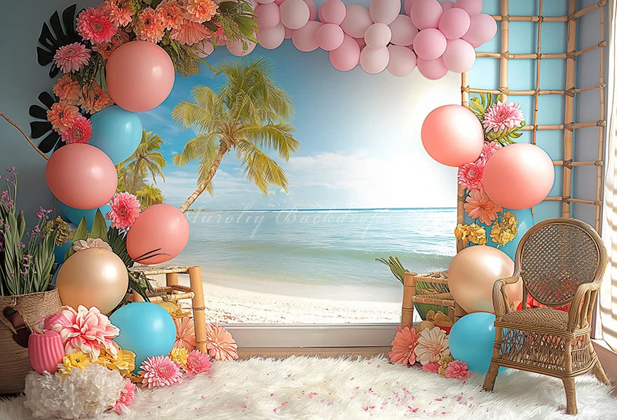 Hawaii Theme Photography Backdrop Room Set Up With Balloons and Plam Trees Kids Baby Cake Smash Photocall Studio Backgrounds