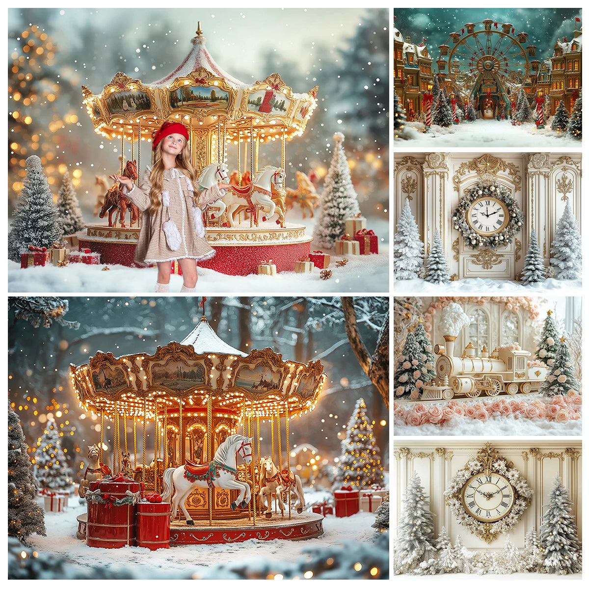 Winter Carousel Snowy Forrest Ferris Wheel Backdrops Kids Baby Photocall Christmas Trees Trains Backgrounds