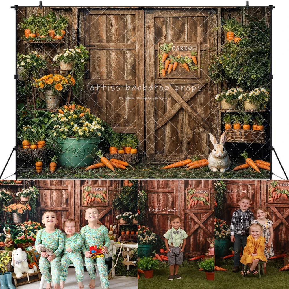 Easter Bunny Garden Backdrops Kids Baby Photography Child Adult Photocall Eggs Floral Carrots Barn Rustic Door Backgrouds