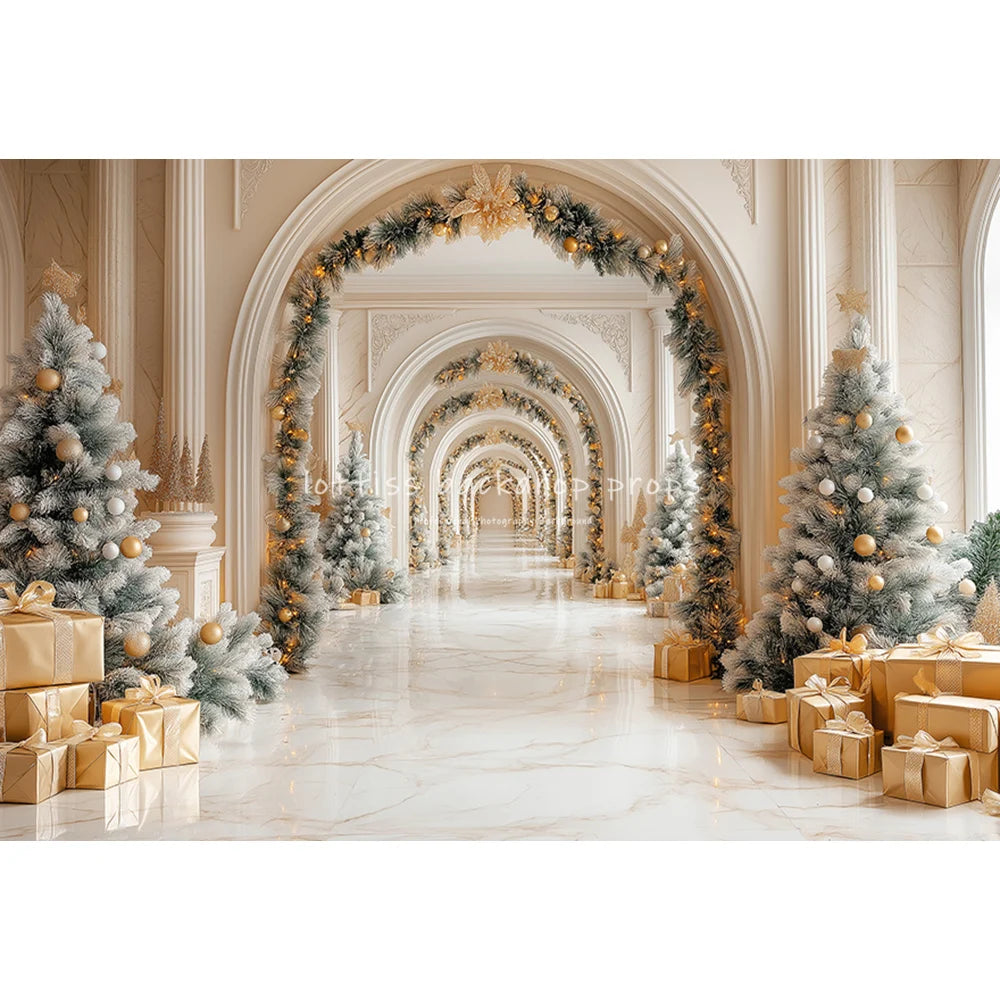 Winter Windows Arch Entrance Backdrops Kids Family Photography Child Adult Photocall Golden Xmas Trees Castle Backgrounds