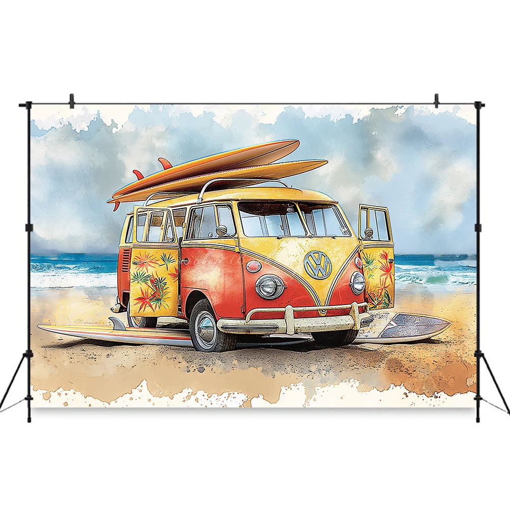 Yellow Car with Surfboard Backdrop Kids Baby Cake Smash Photography Props Summer Beach Child Adult Birthday Studio Backgrounds