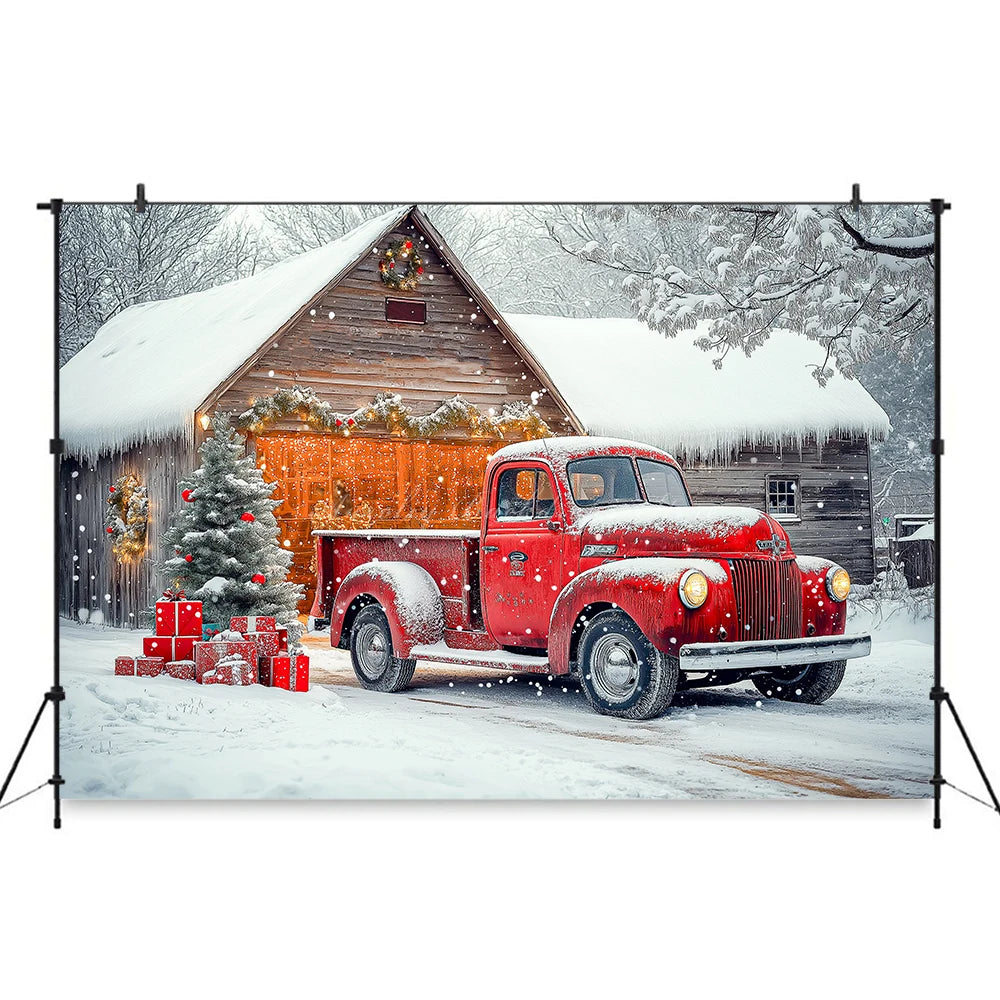 Christmas Themed Winter House and Red Truck Photo Backdrop Baby Kids Portrait Family Party Photocall Photograhy Background