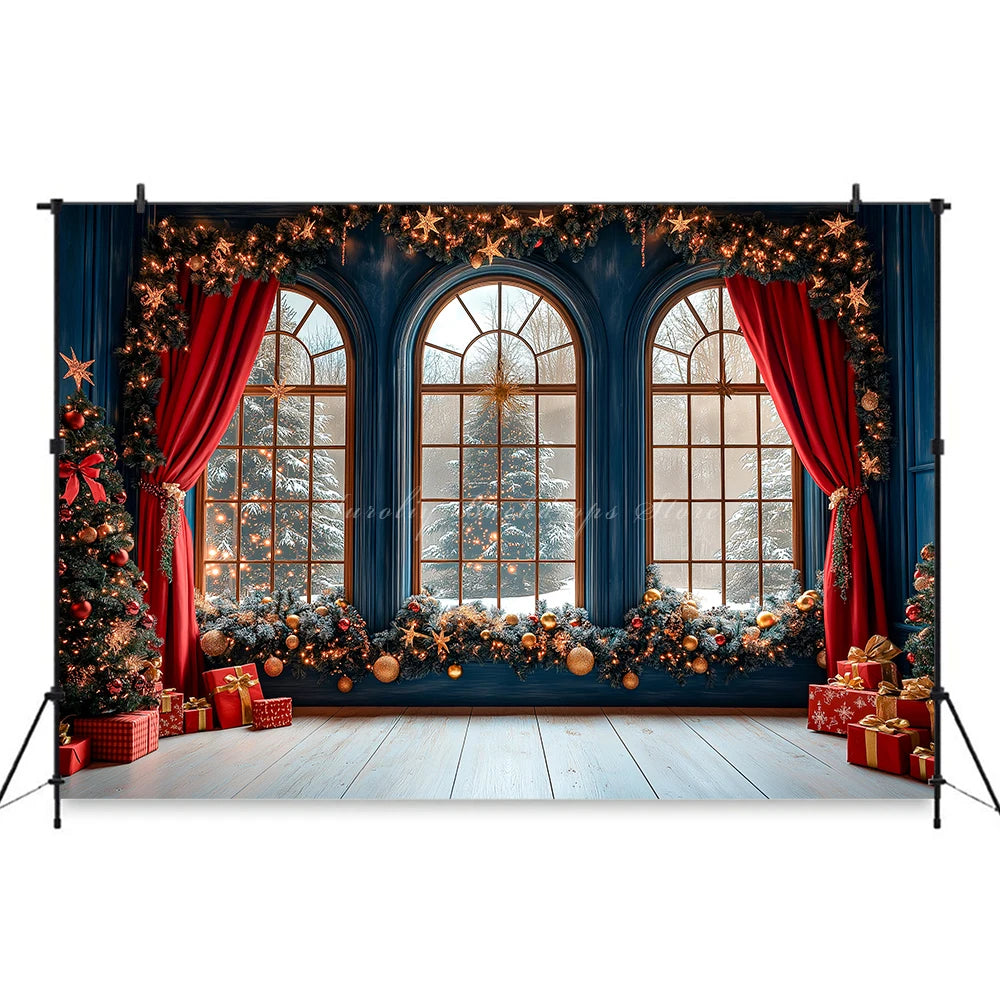 Large Window With Arched Frames and Red Curtain Photography Backdrop Baby Kids Portrait Family Party Photocall Decors