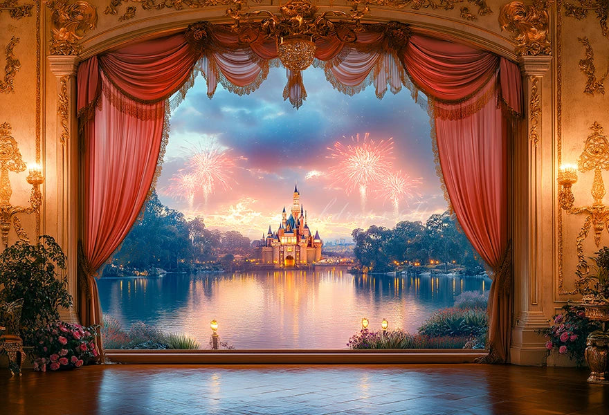 Pink Curtains with the Scene Backdrop Cartoon Princess Castle Child Girls Birthday Photo Shoot Backgrounds Kids Baby Cake Smash