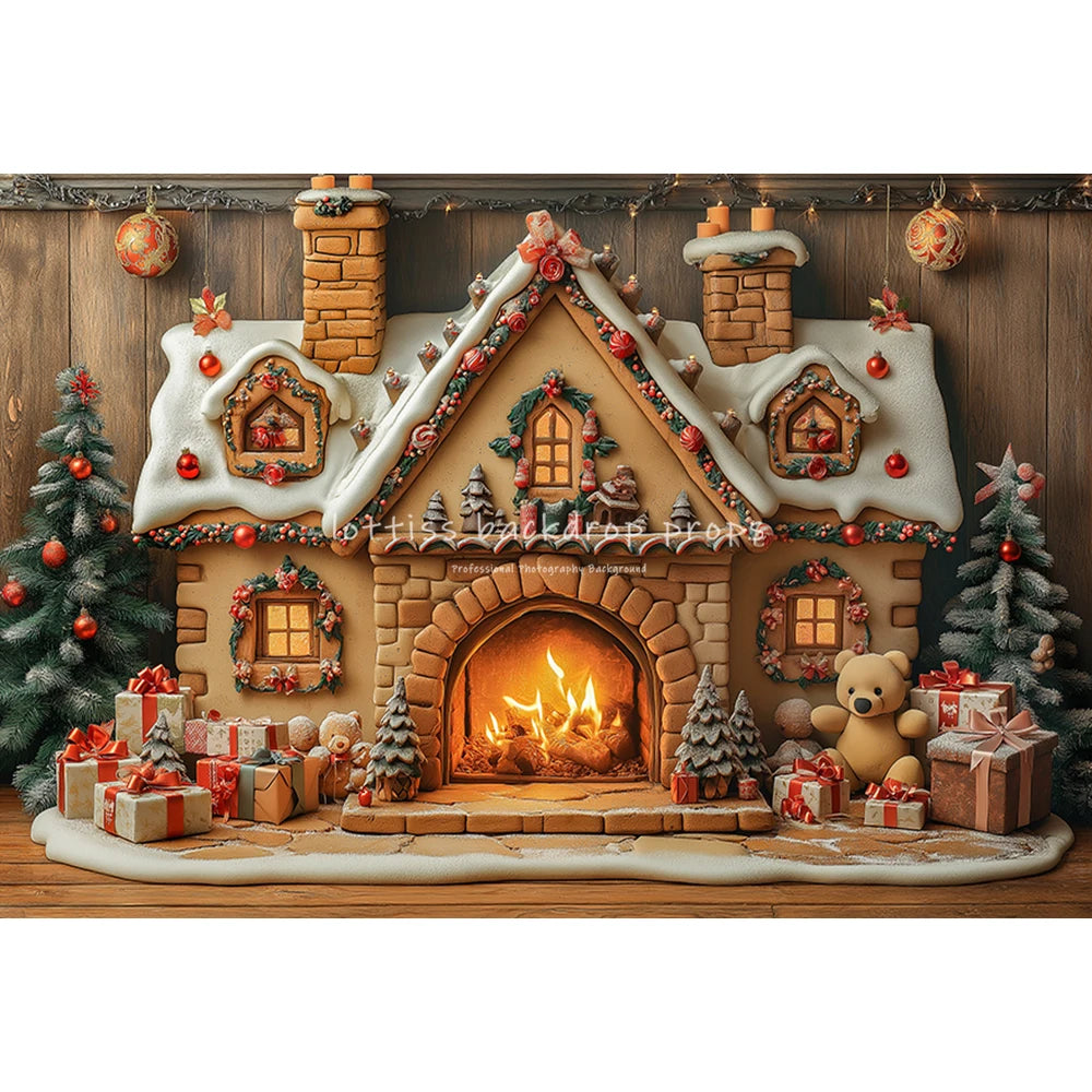 Winter Snowy Cottage Gingerbread House Backdrops Kids Baby Photography Fireplace Snowy Town Backgrounds