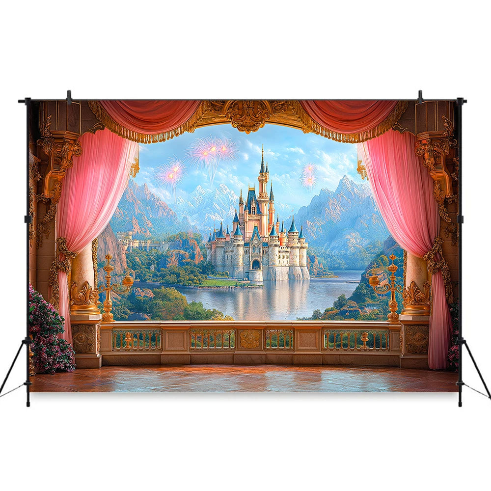 Pink Curtains with the Scene Backdrop Cartoon Princess Castle Child Girls Birthday Photo Shoot Backgrounds Kids Baby Cake Smash