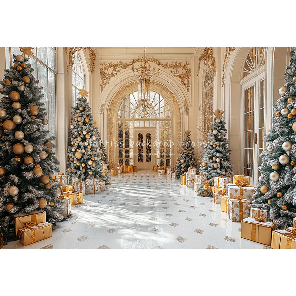 Winter Windows Arch Entrance Backdrops Kids Family Photography Child Adult Photocall Golden Xmas Trees Castle Backgrounds