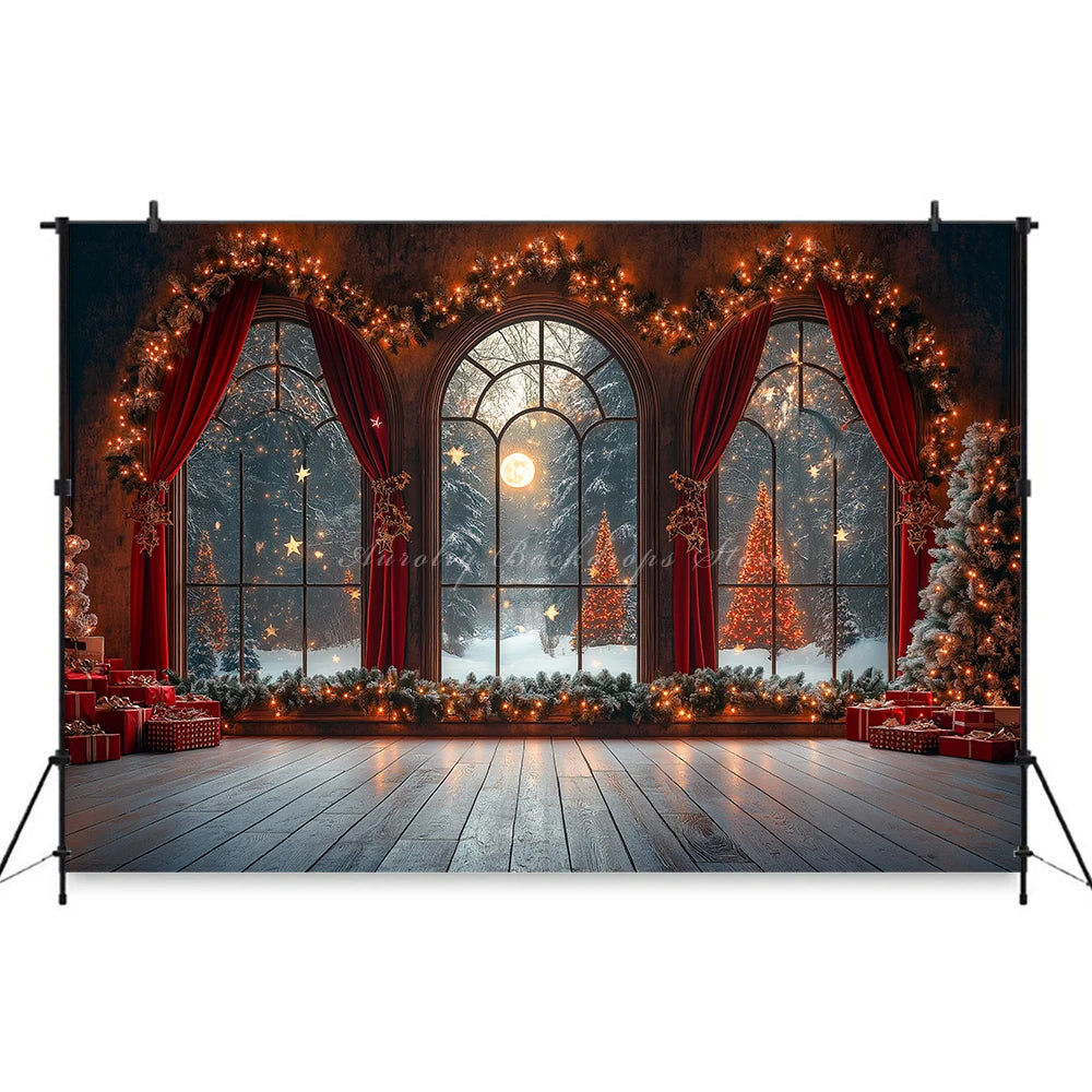 Large Window With Arched Frames and Red Curtain Photography Backdrop Baby Kids Portrait Family Party Photocall Decors