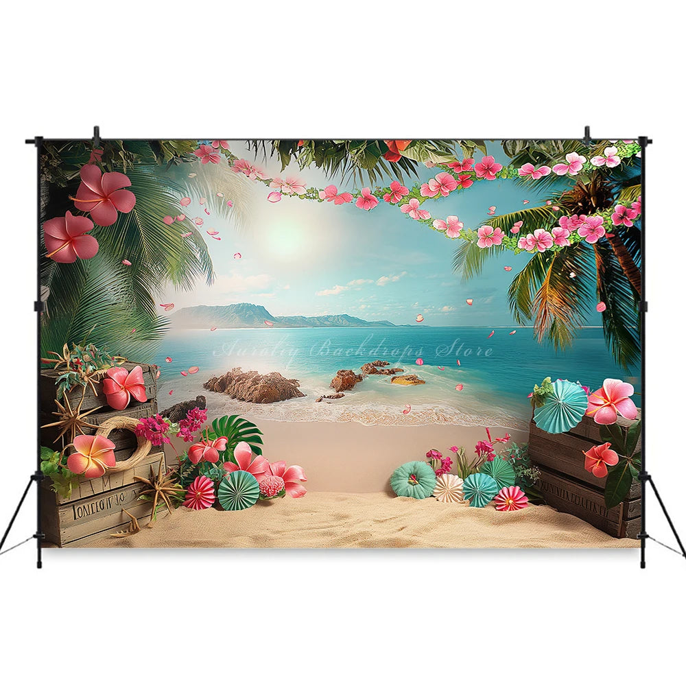 Hawaii Theme Photography Backdrop Room Set Up With Balloons and Plam Trees Kids Baby Cake Smash Photocall Studio Backgrounds