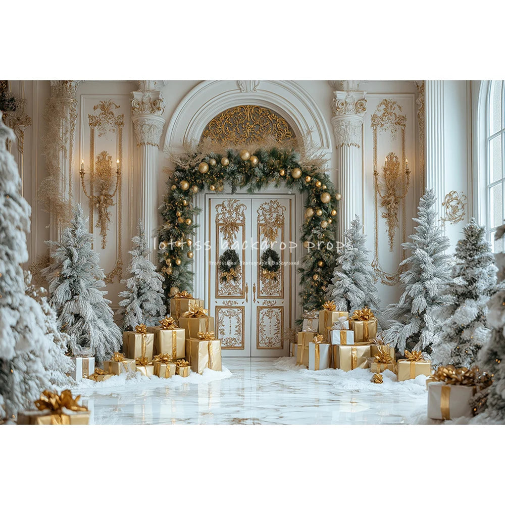 Winter Windows Arch Entrance Backdrops Kids Family Photography Child Adult Photocall Golden Xmas Trees Castle Backgrounds