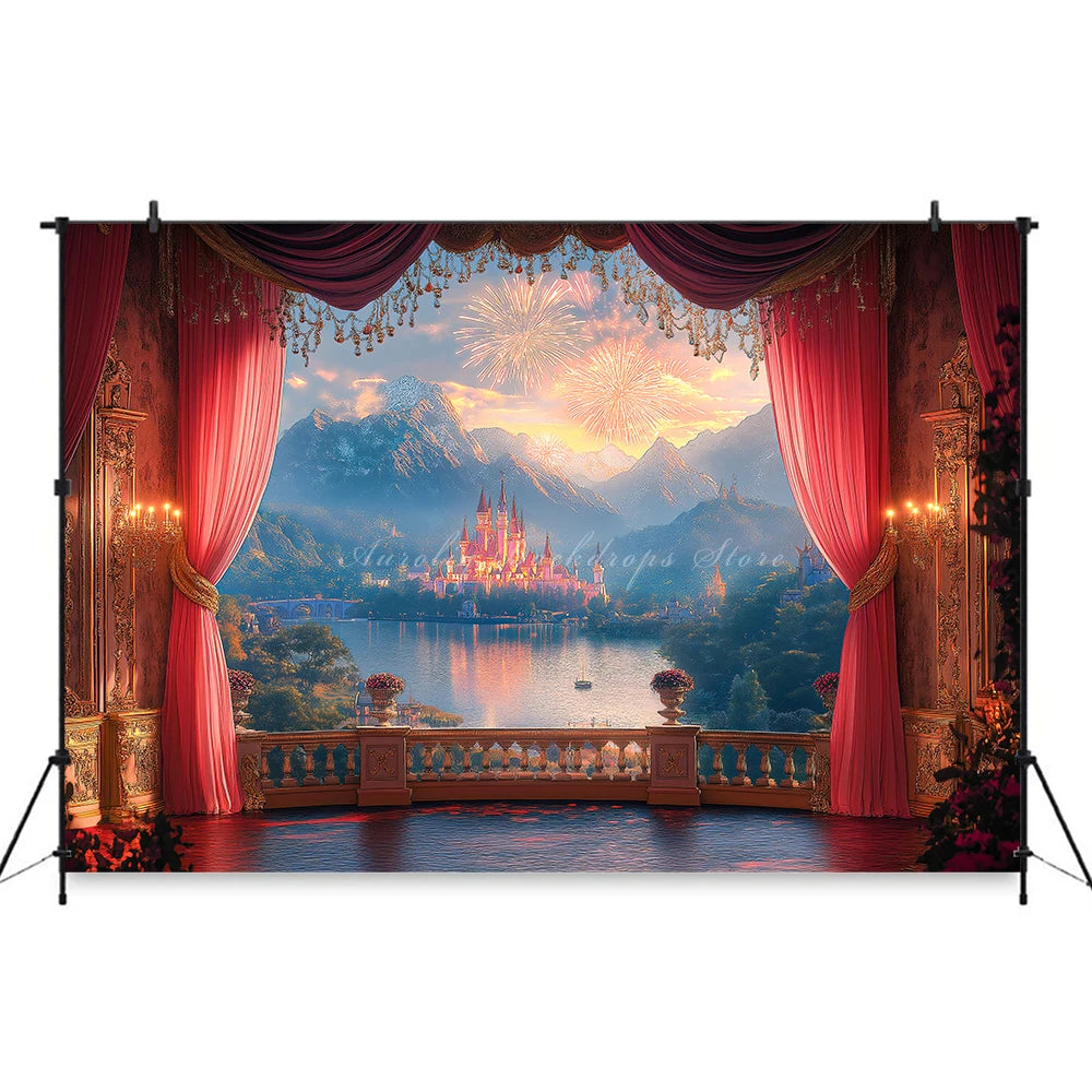 Pink Curtains with the Scene Backdrop Cartoon Princess Castle Child Girls Birthday Photo Shoot Backgrounds Kids Baby Cake Smash
